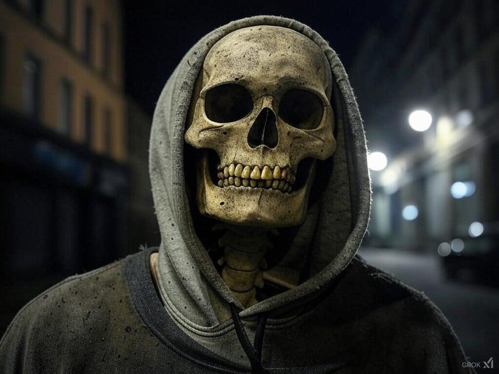 skeleton in hoodie dirty in dark city night